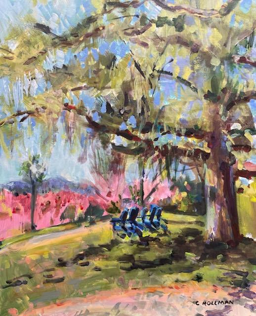 Under in Cedar Trees  - Acrylic Painting by artist Charlotte Rollman