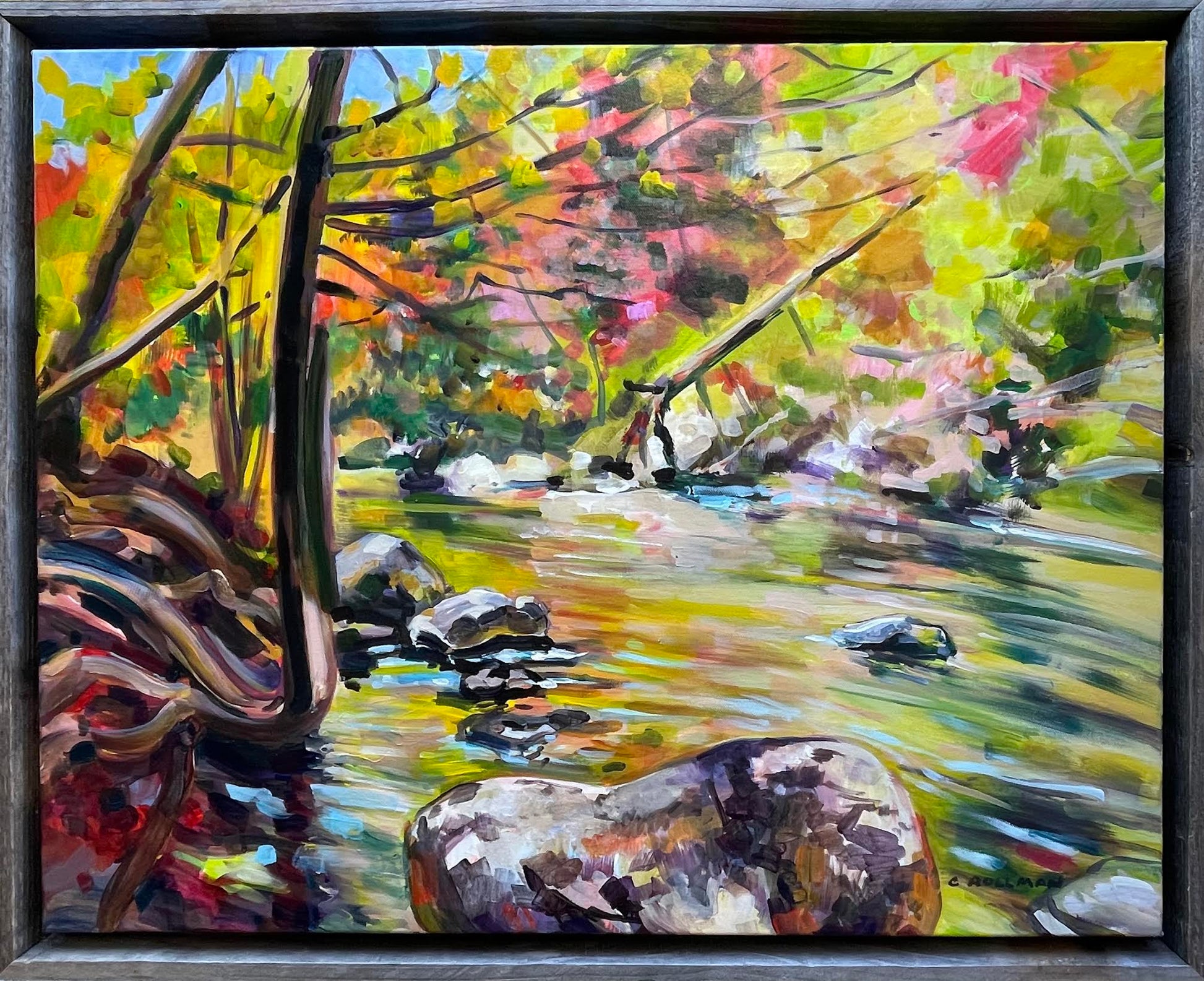 Acrylic 22 x 28 framed painting of the Riverside Inn at Metcalf Bottoms in the Great Smoky Mountains National Park.