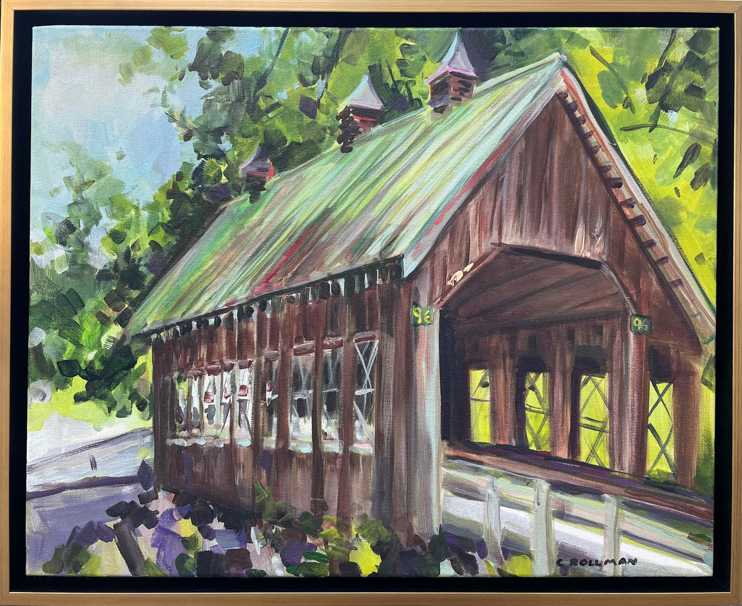 Acrylic 16 x 20 framed painting of coverd bridge at Emerts Cove in the Great Smoky Mountains National Park.
