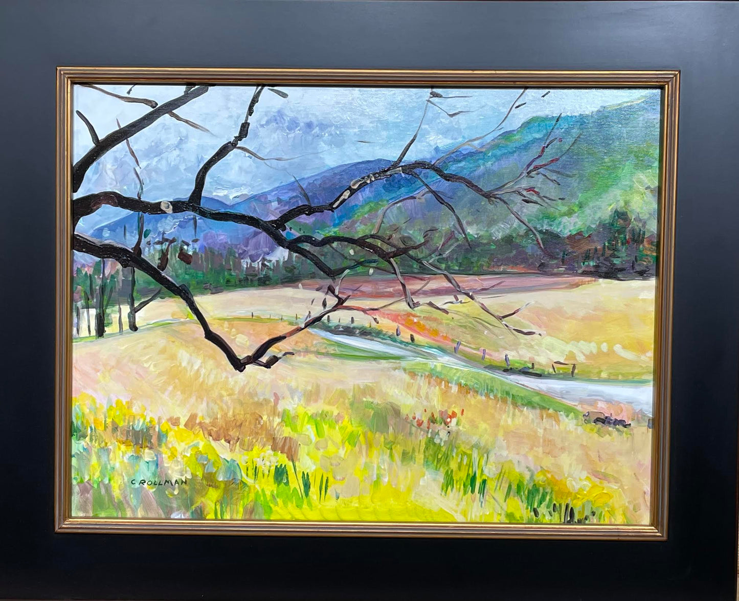 Acrylic 18 x 24 framed painting of Daffdils on Hyatt Lane in the Great Smoky Mountains National Park.