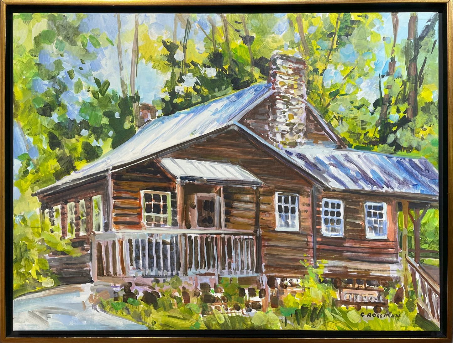 Acrylic 18 x 24 framed painting of Appalachian Clubhouse at Elkmont in Great Smoky Mountains National Park.