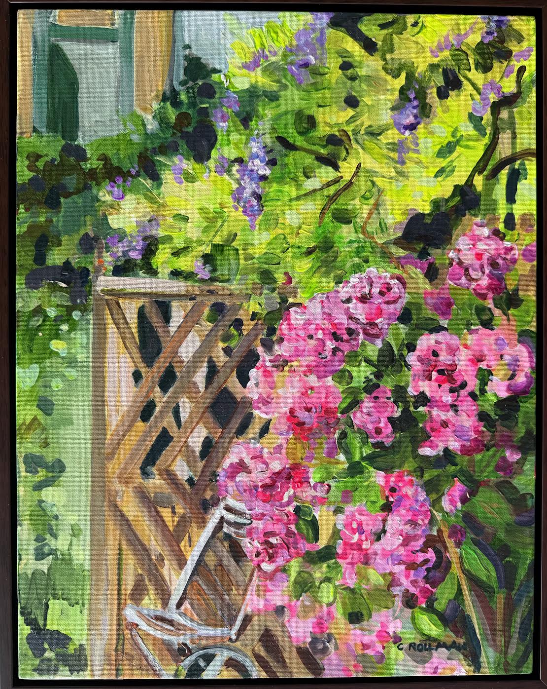 Hotel Baudy Backyard - Acrylic Painting by Artist Charlotte Rollman 18x14 in France