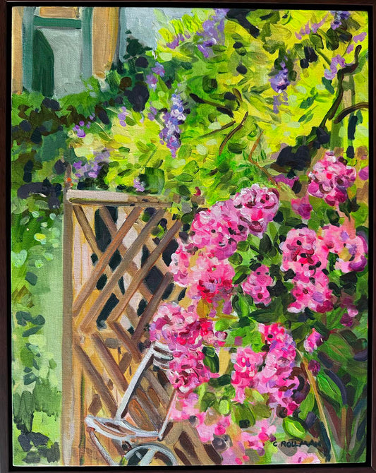 Hotel Baudy Backyard - Acrylic Painting by Artist Charlotte Rollman 18x14 in France