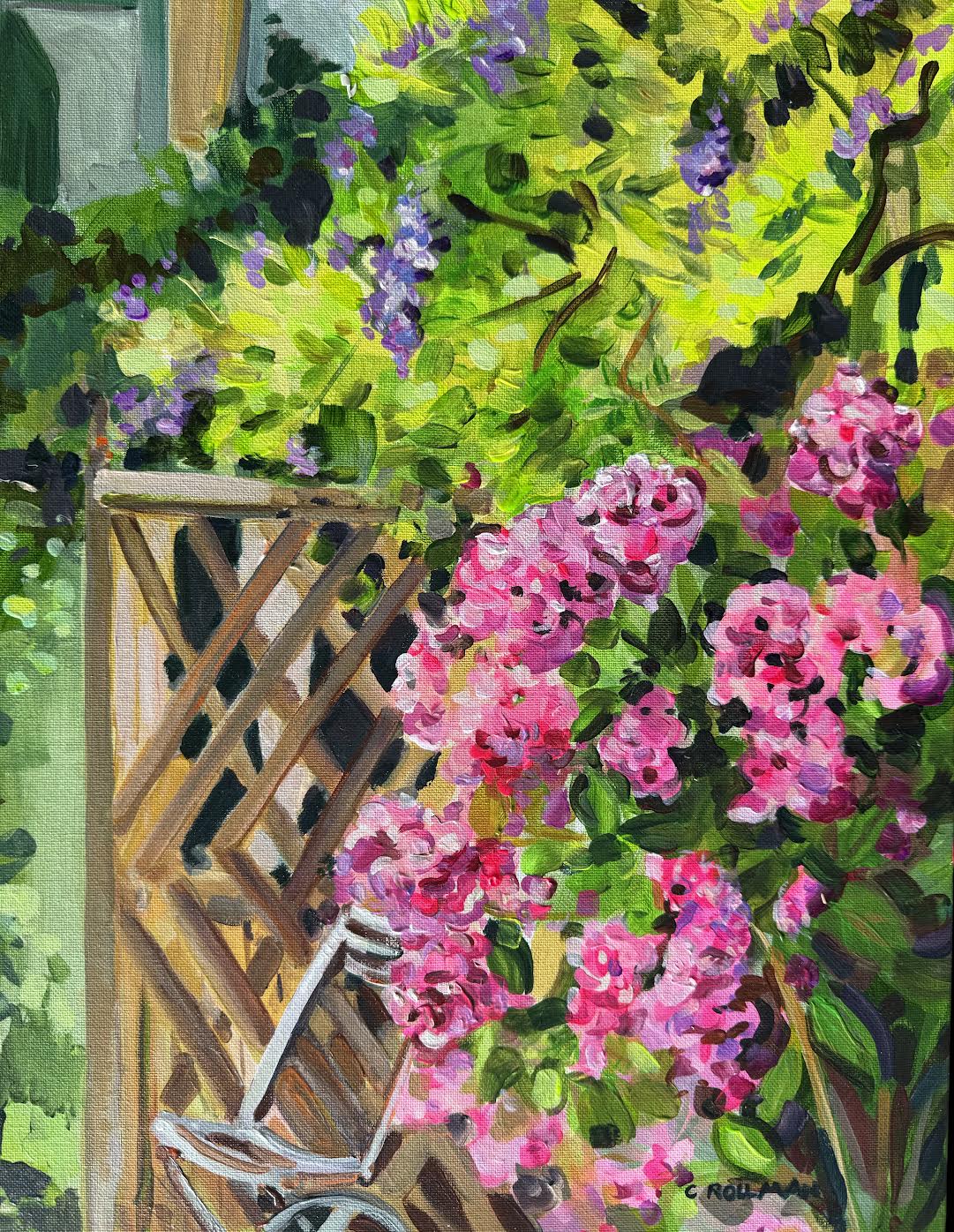 Hotel Baudy Backyard - Acrylic Painting by Artist Charlotte Rollman 18x14 in France