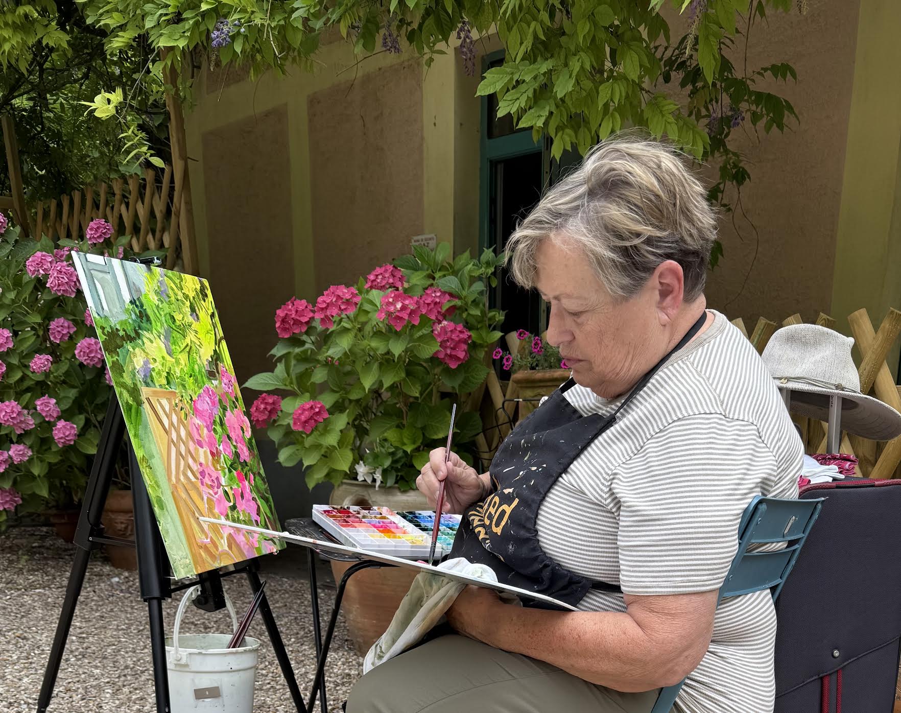 Hotel Baudy Backyard - Acrylic Painting by Artist Charlotte Rollman 18x14 in France