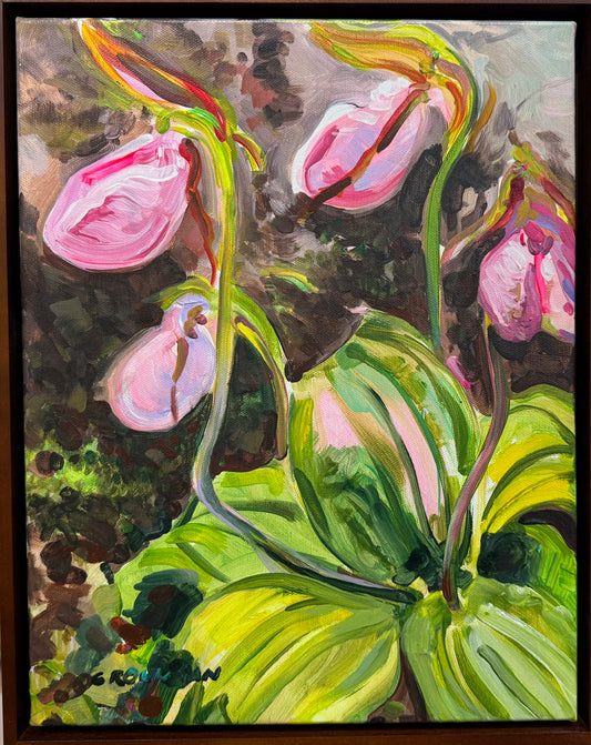 Lady Slippers Conversation - Acrylic Painting by artist Charlotte Rollman. pink. in Smoky mountains.