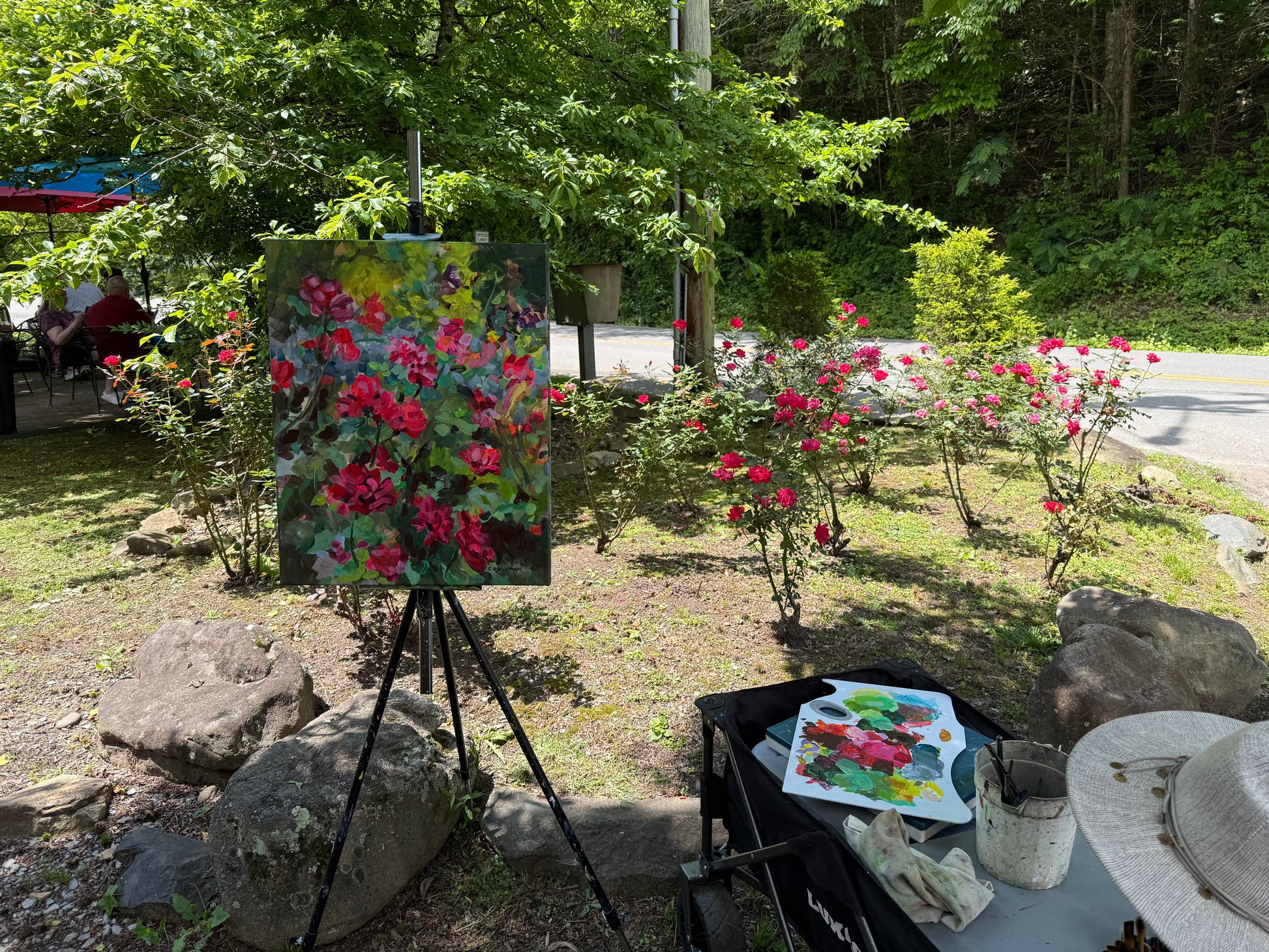 Life Among the Thorns - Acrylic Painting by artist Charlotte Rollman. Red   and pink flowers. In Smoky Mountains.