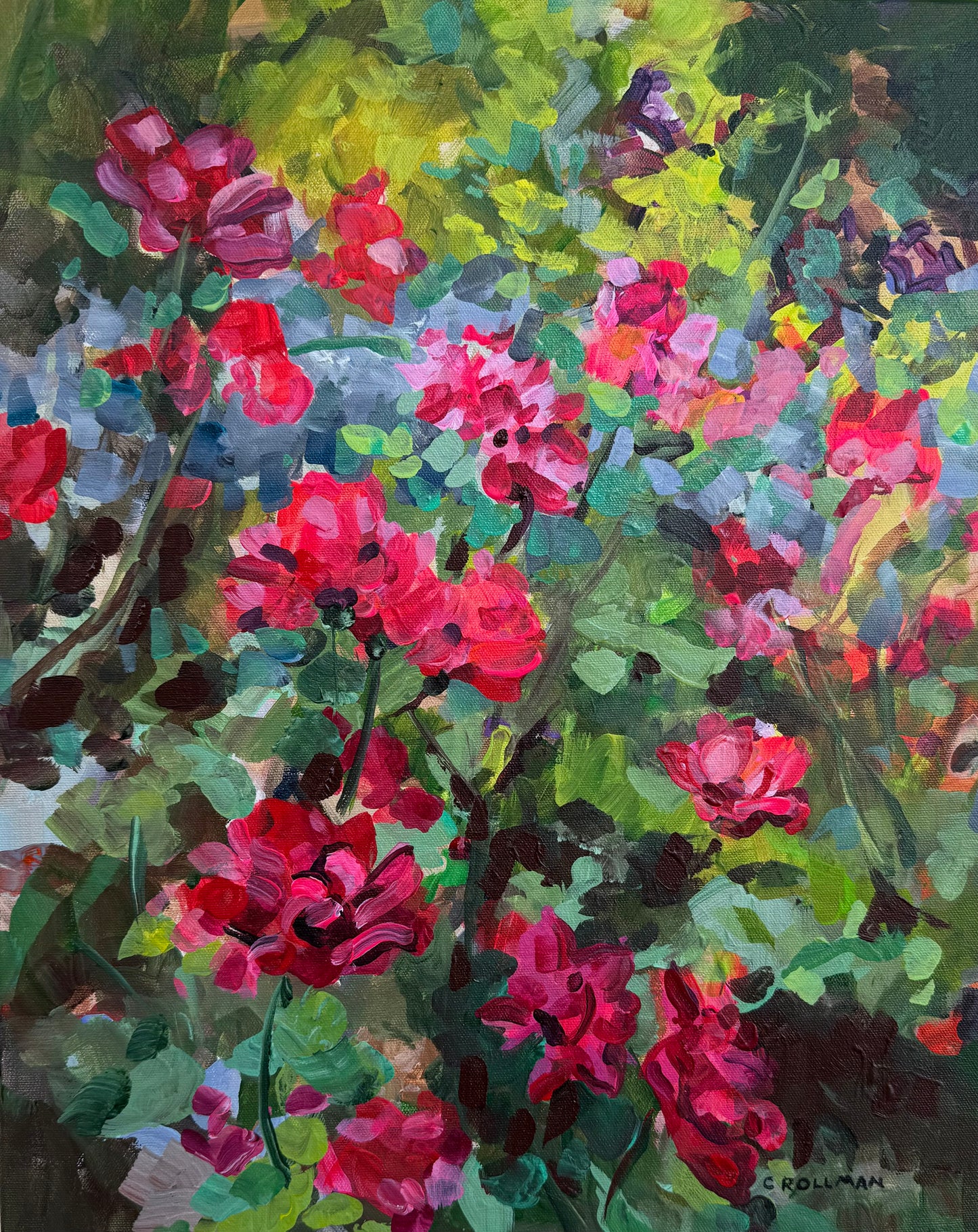 Life Among the Thorns - Acrylic Painting by artist Charlotte Rollman. Red   and pink flowers. In Smoky Mountains.