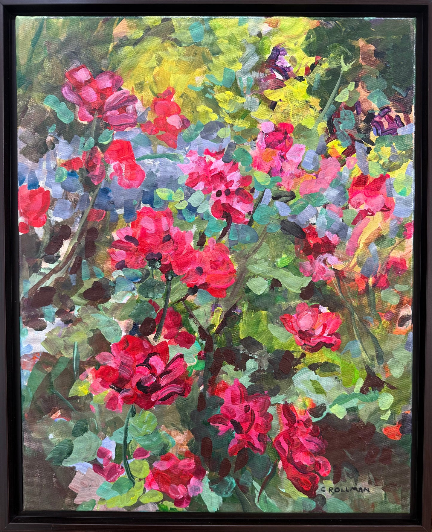 Life Among the Thorns - Acrylic Painting by artist Charlotte Rollman. Red and pink flowers. In Smoky Mountains.