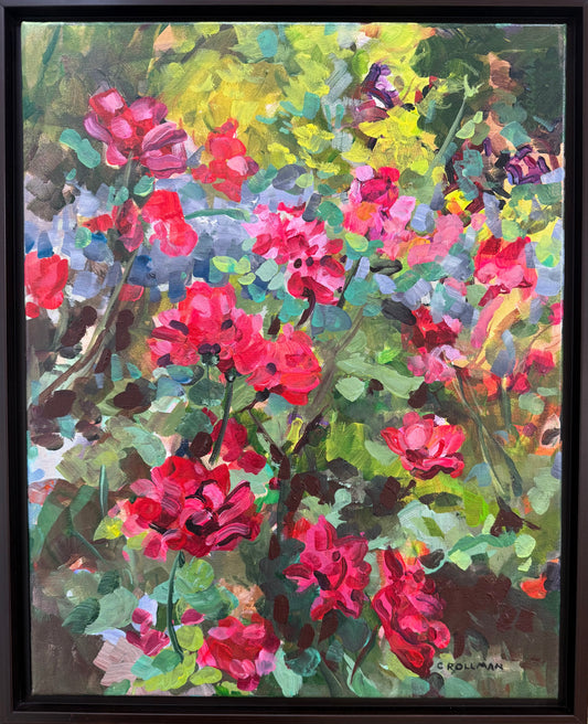 Life Among the Thorns - Acrylic Painting by artist Charlotte Rollman. Red   and pink flowers. In Smoky Mountains.