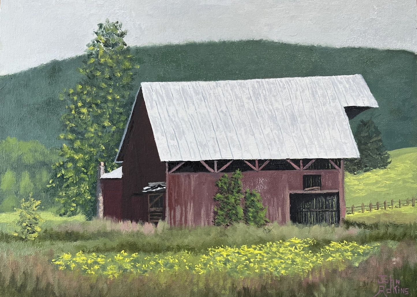 Kathie's Red Barn - Oil Painting by artist John Adkins 12x16