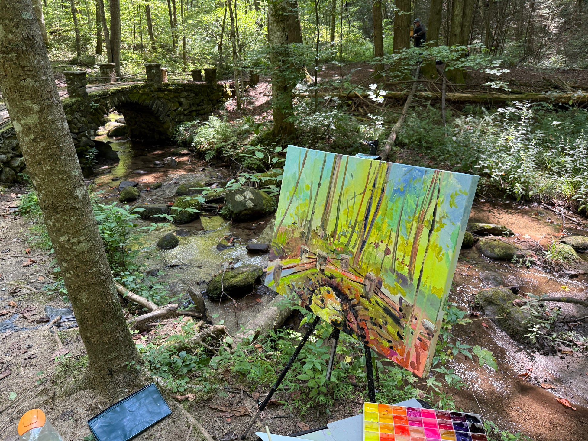 What's That Trip Tapping Over My Bridge?  - Acrylic Painting by artist Charlotte Rollman 22x28 in Smoky Mountains.