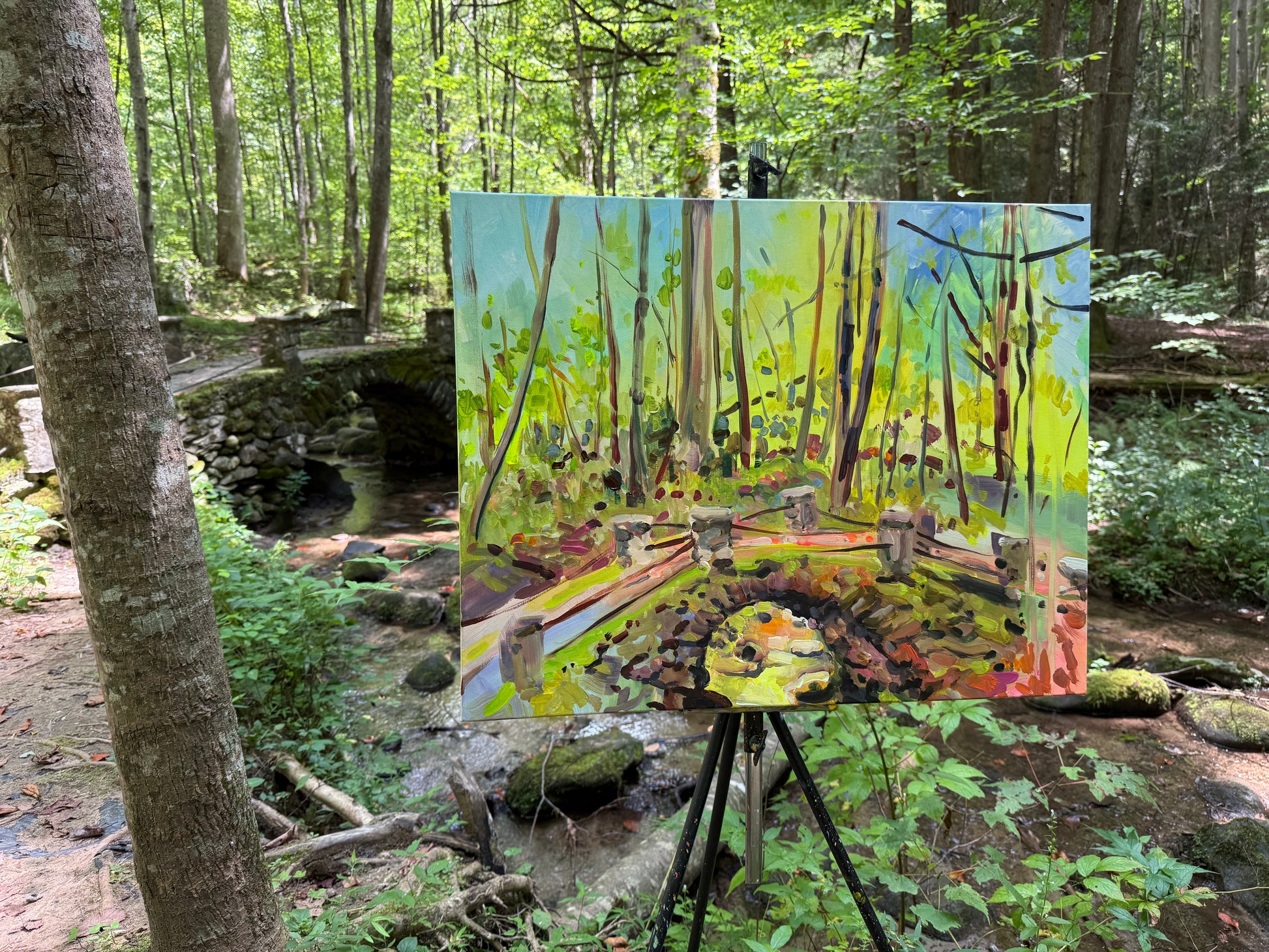 What's That Trip Tapping Over My Bridge?  - Acrylic Painting by artist Charlotte Rollman 22x28 in Smoky Mountains.