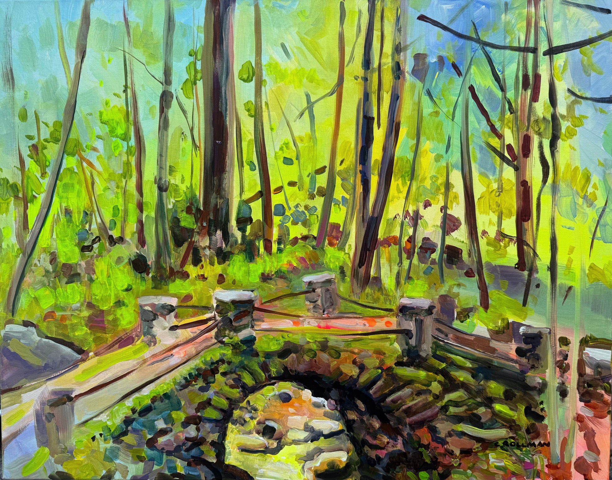 What's That Trip Tapping Over My Bridge?  - Acrylic Painting by artist Charlotte Rollman 22x28 in Smoky Mountains.