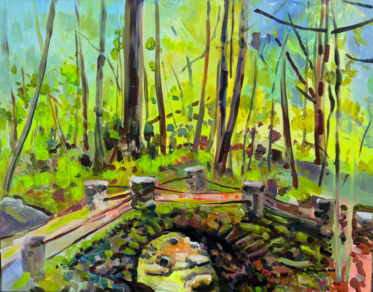 What's That Trip Tapping Over My Bridge?  - Acrylic Painting by artist Charlotte Rollman 22x28 in Smoky Mountains.