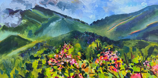 Elderberries and Mt LeConte  - Acrylic Painting by artist Charlotte Rollman 12x24 in Smoky Mountains.