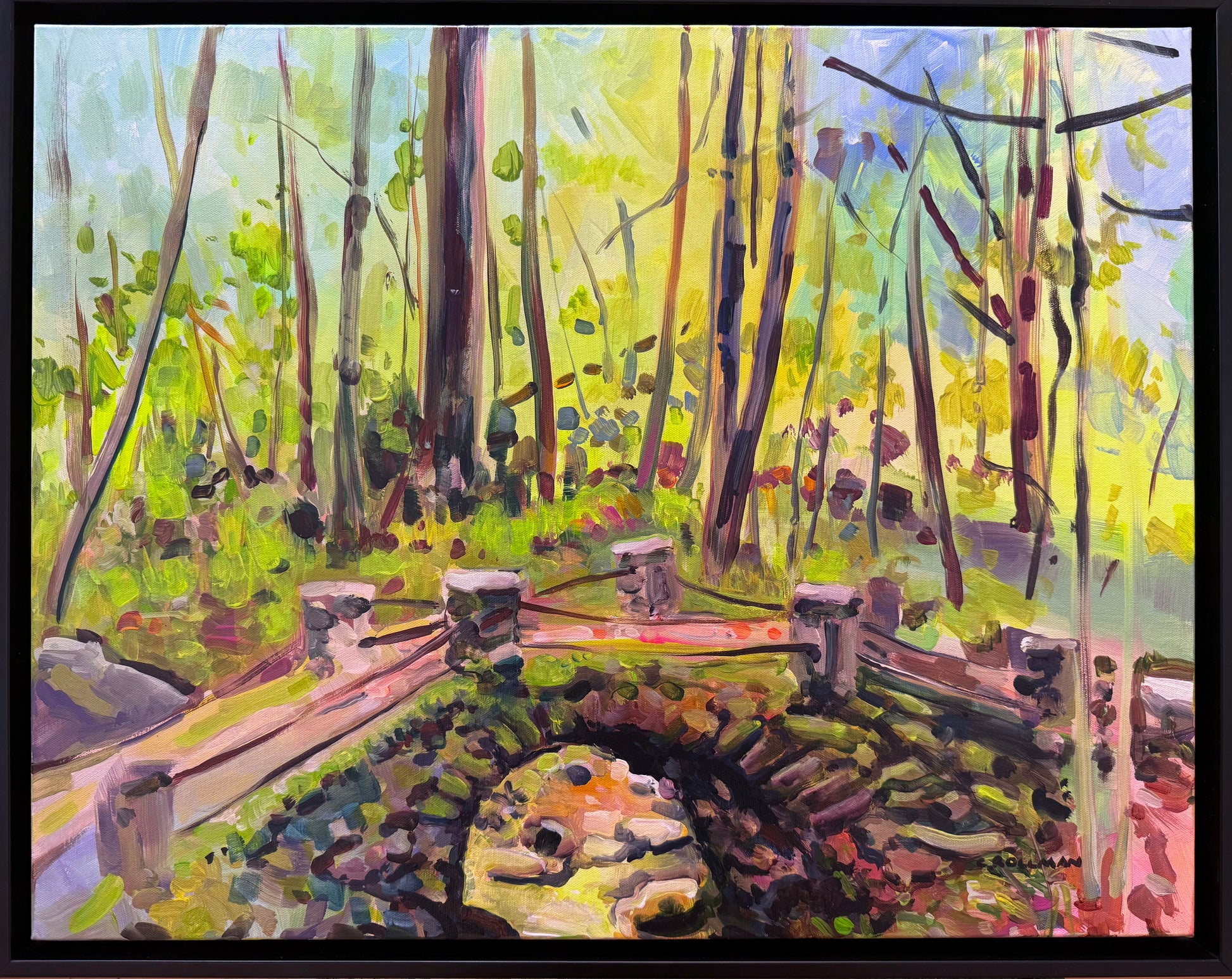 What's That Trip Tapping Over My Bridge?  - Acrylic Painting by artist Charlotte Rollman 22x28 in Smoky Mountains.