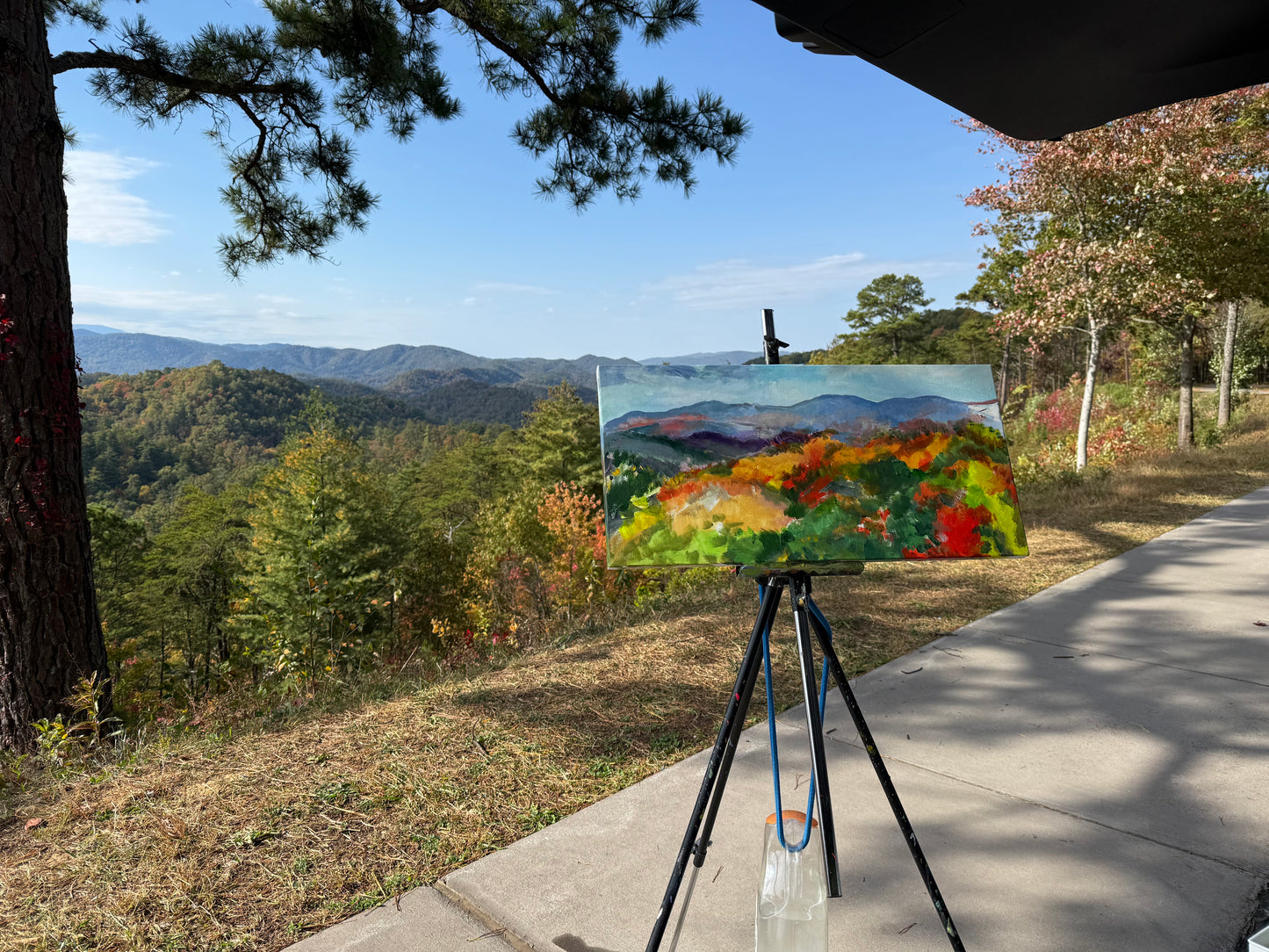 Painting of a landscape on an easel with a scenic view of mountains and trees in the background. Painting by Charlotte Rollman - Adkins Rollman Gallery.