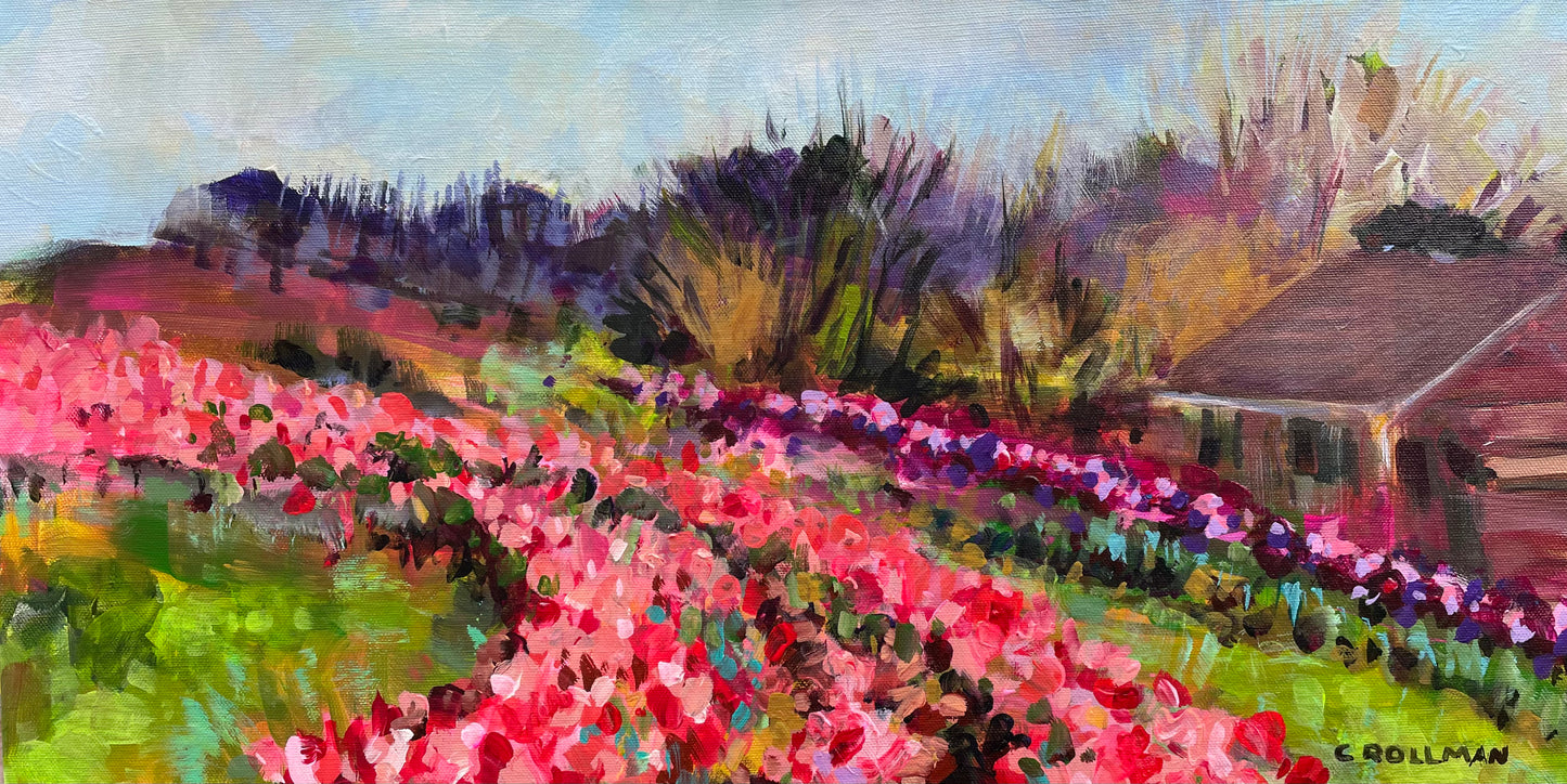 Painting by Charlotte Rollman - Adkins Rollman Gallery. First Tulip Festival - Acrylic Painting by artist Charlotte Rollman. Oakes Farm in Tennessee.