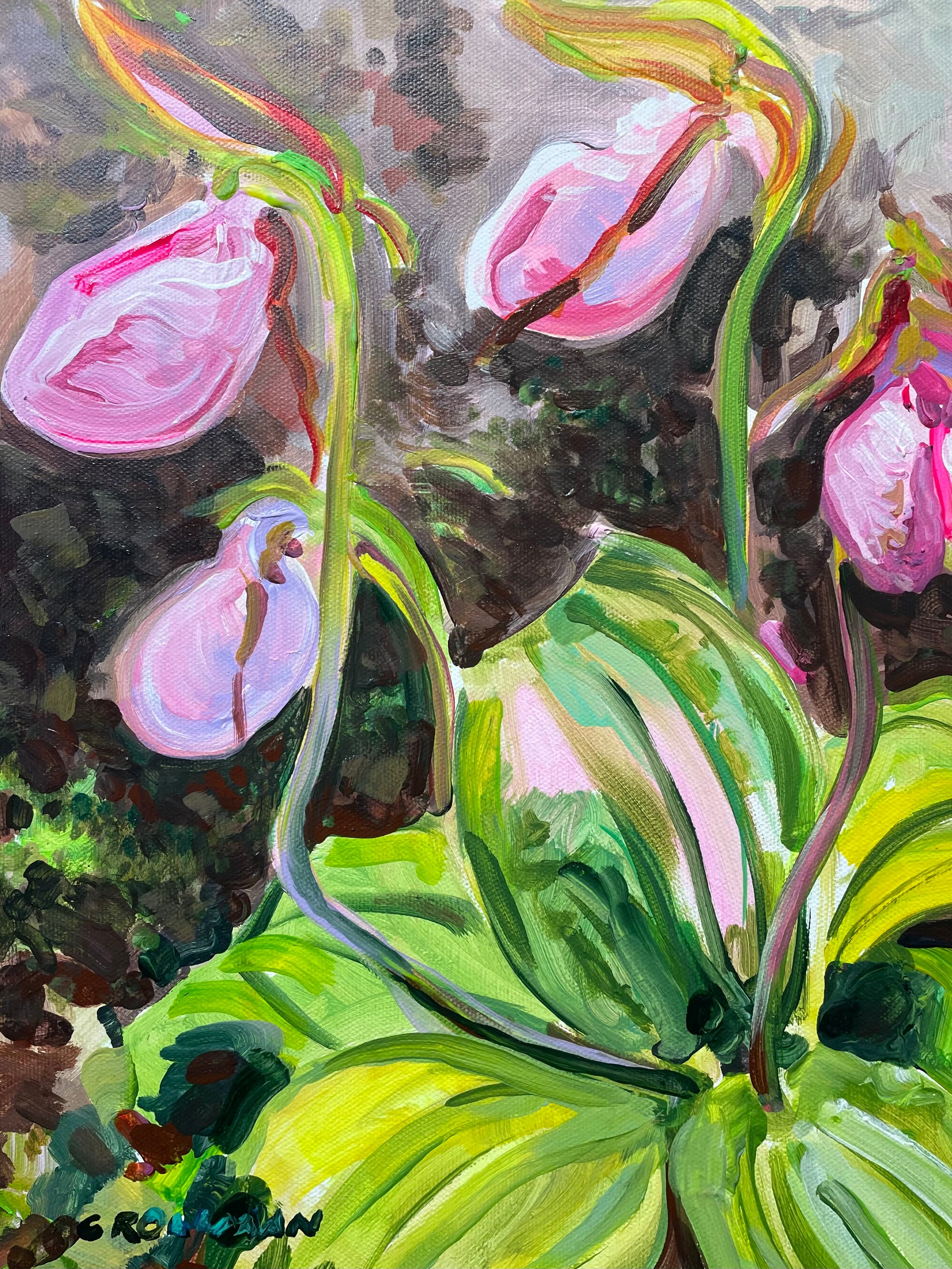 Lady Slippers Conversation - Acrylic Painting by artist Charlotte Rollman. Pink. In Smoky Mountains.