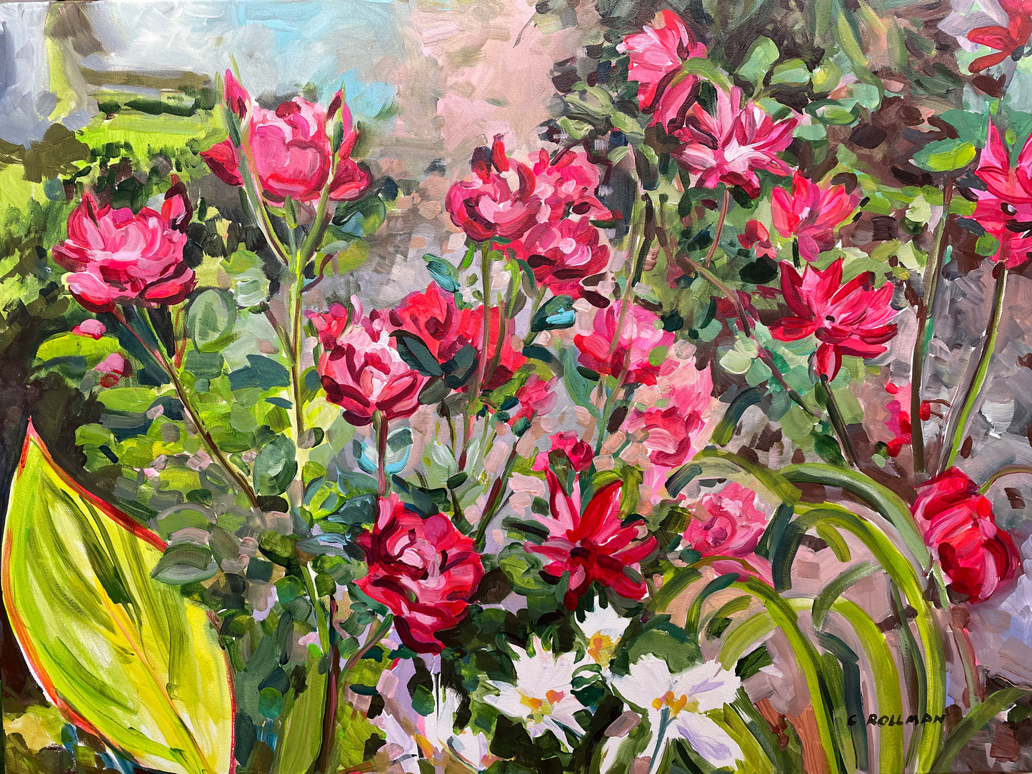 Acrylic Painting by artist Charlotte Rollman. Framed painting of roses and other flowers in a garden. In Smoky Mountains.