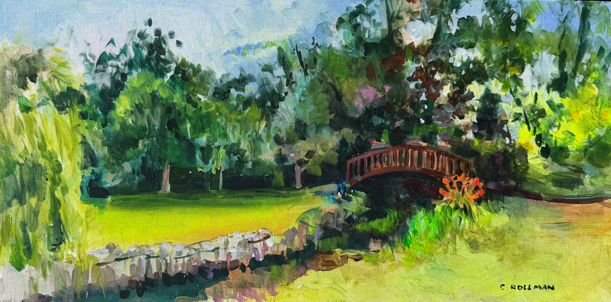 Moulin on the Eure - Acrylic Painting by artist Charlotte Rollman 12x24 in France