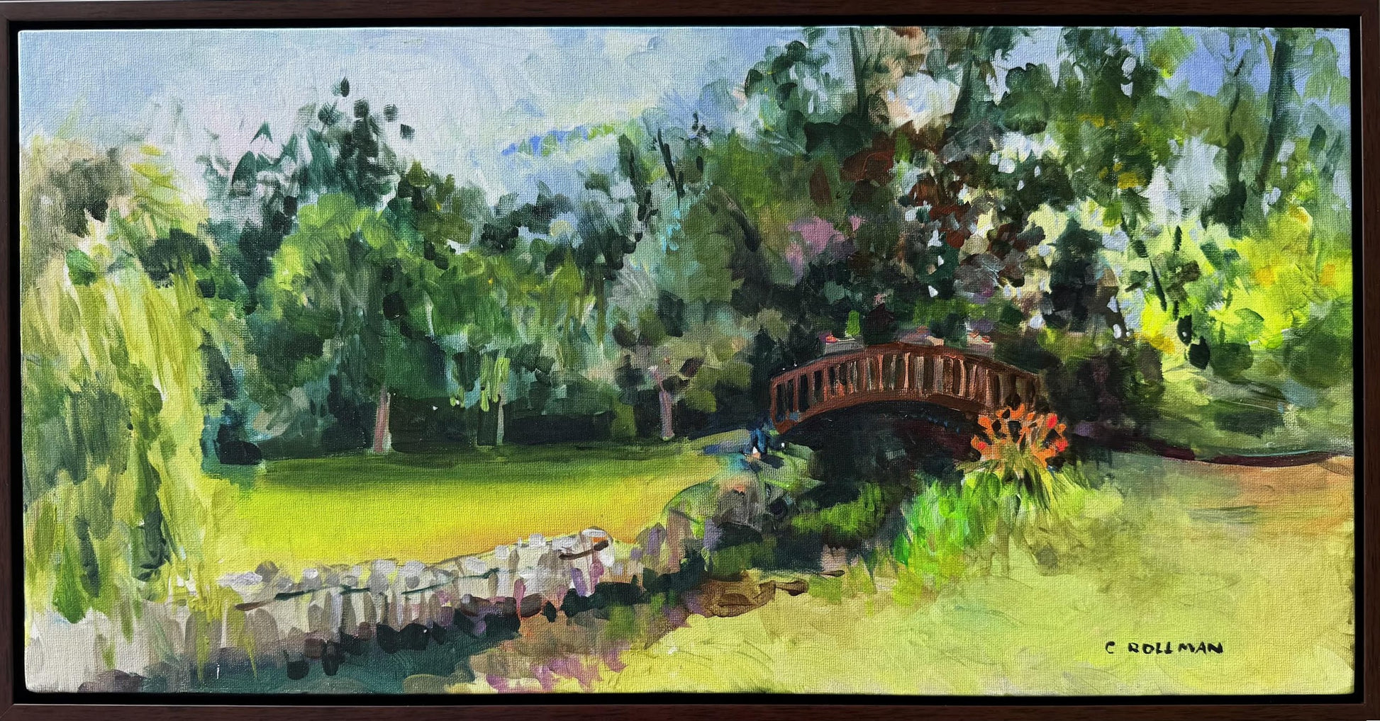 Moulin on the Eure - Acrylic Painting by artist Charlotte Rollman 12x24 in France