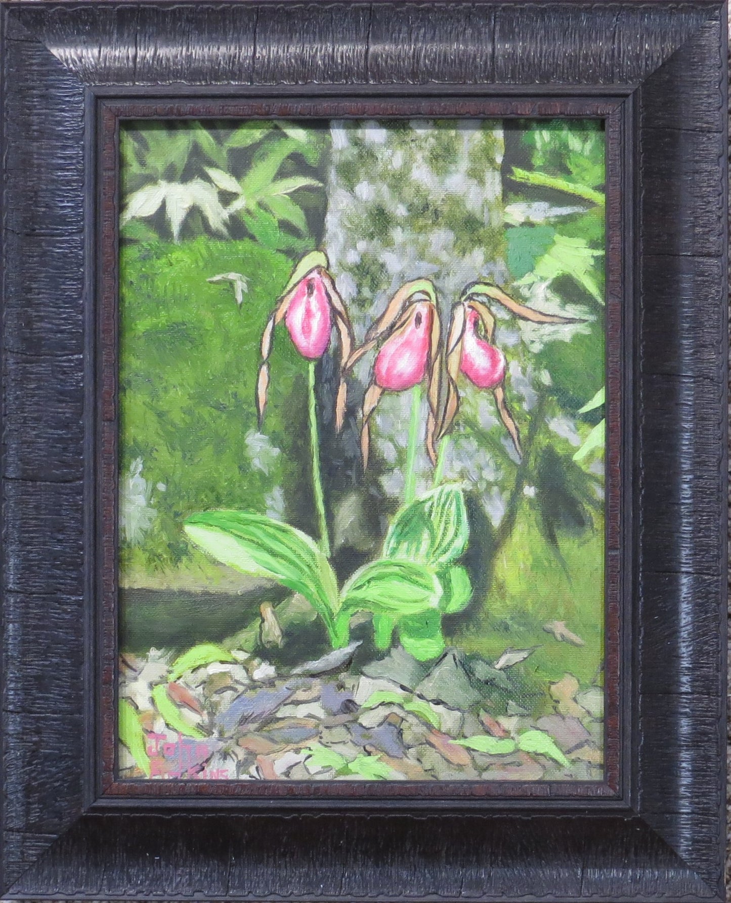 Pink Lady Slippers 4 - Oil Painting by artist John Adkins