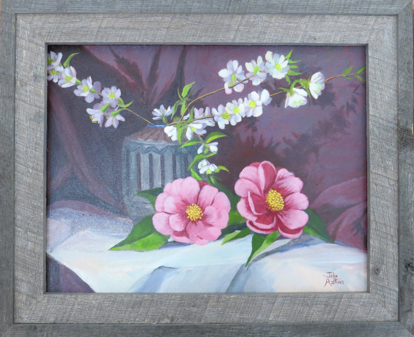 White Quince and Camelias  - Oil Painting by artist John Adkins