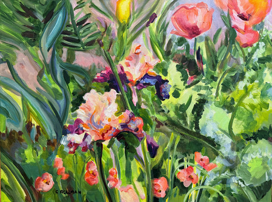 Carol's Irises and Poppies  - Acrylic Painting by artist Charlotte Rollman 18x24