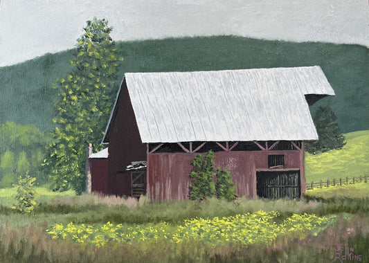 Kathie's Red Barn - Oil Painting by artist John Adkins 12x16
