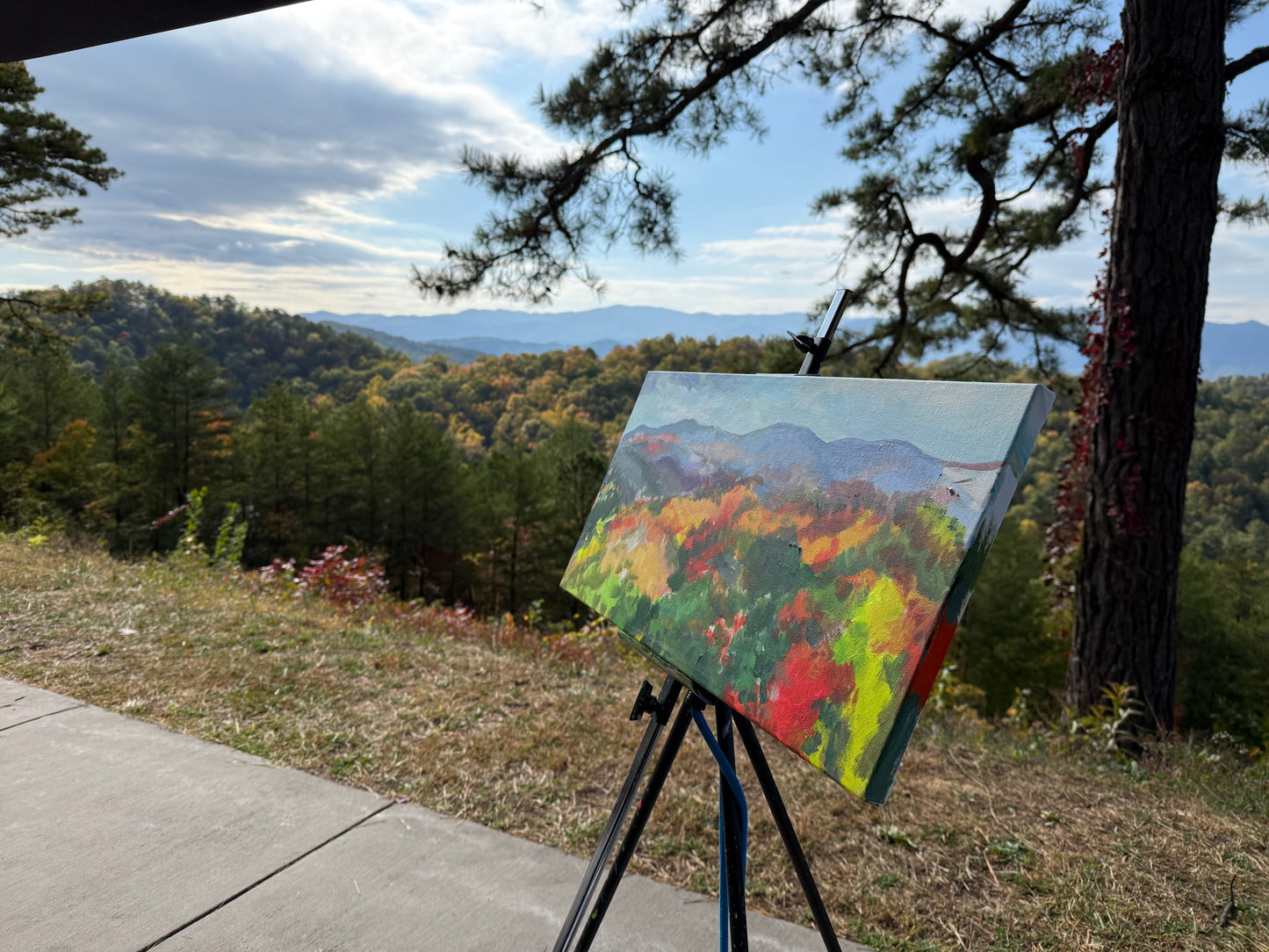 Painting of a landscape on an easel with a scenic view of trees and mountains in the background. Painting by Charlotte Rollman - Adkins Rollman Gallery.