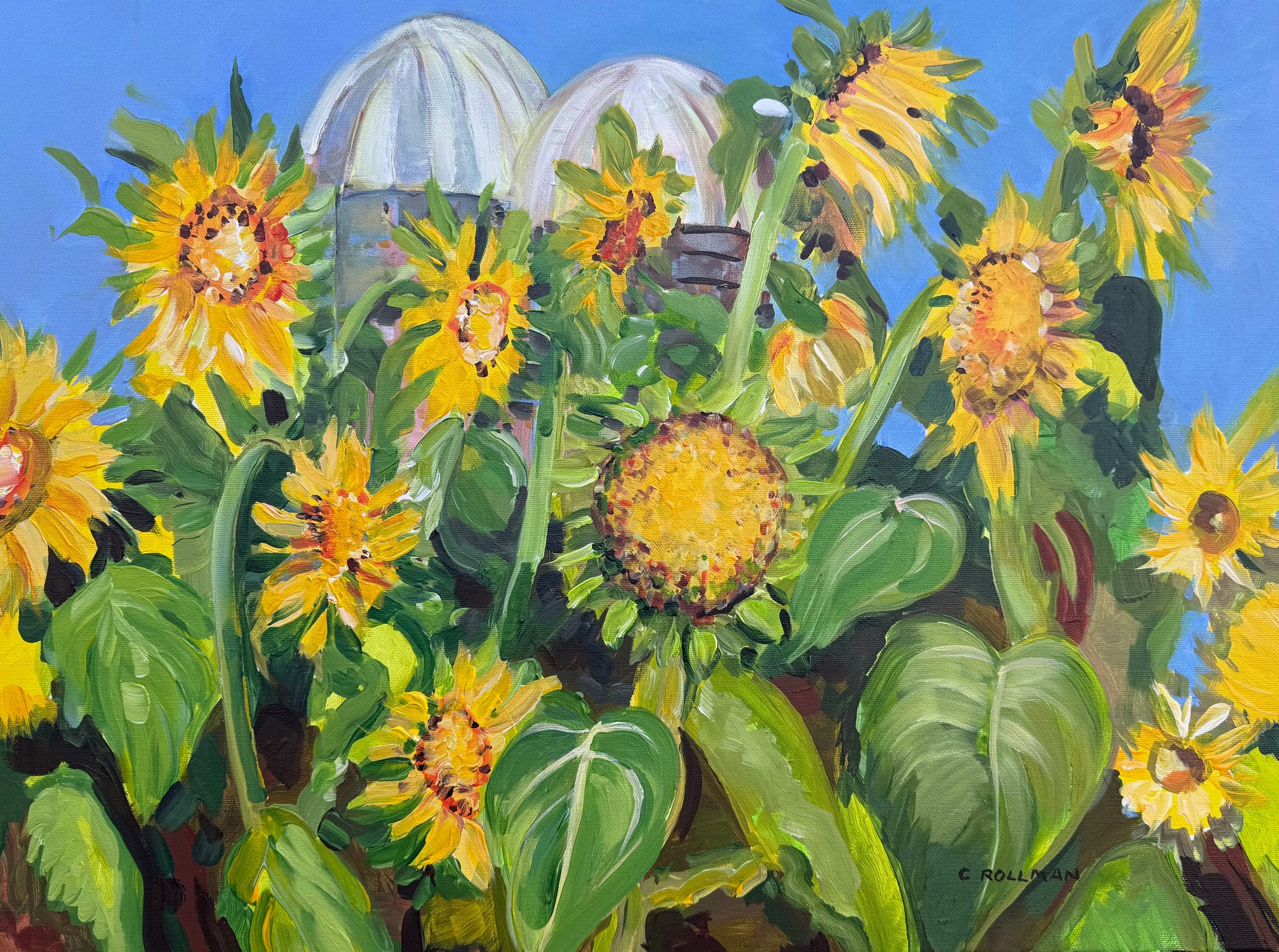 Artistic depiction of sunflowers with a blue sky background and silo - acrylic
