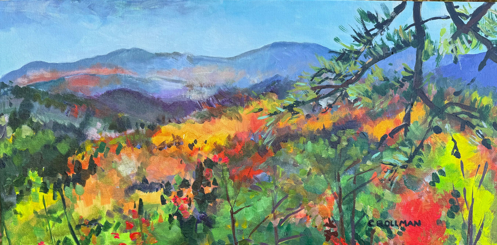 Colorful landscape painting of a forest with mountains in the background. Painting by Charlotte Rollman - Adkins Rollman Gallery.