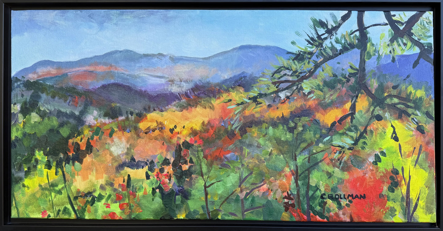 Colorful landscape painting of a mountainous area with trees and foliage. Painting by Charlotte Rollman - Adkins Rollman Gallery.