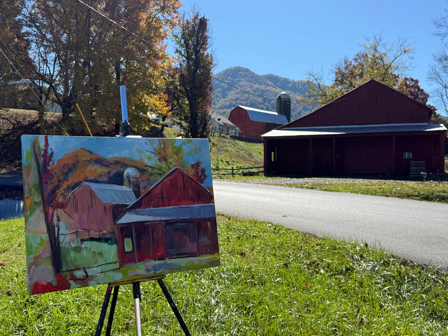 Acrylic painting by Charlotte Rollman. Barn and Mountain Scene in Smoky Mountains.