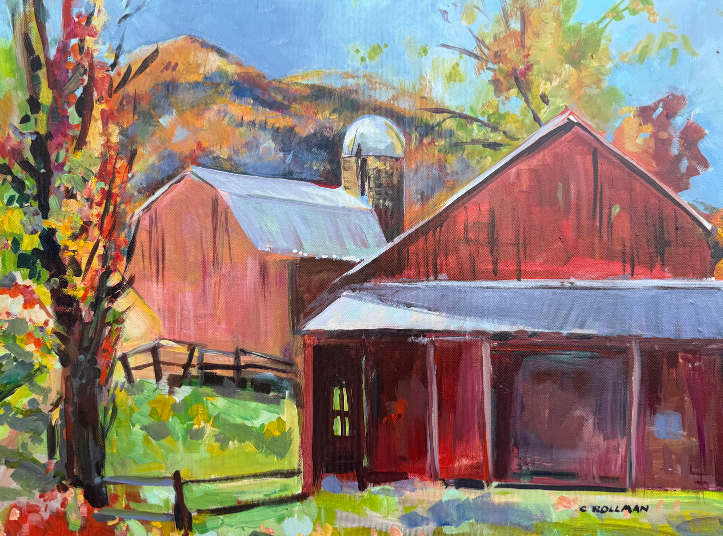 Painting of a red barn with a blue sky and green trees. Acrylic painting by Charlotte Rollman.