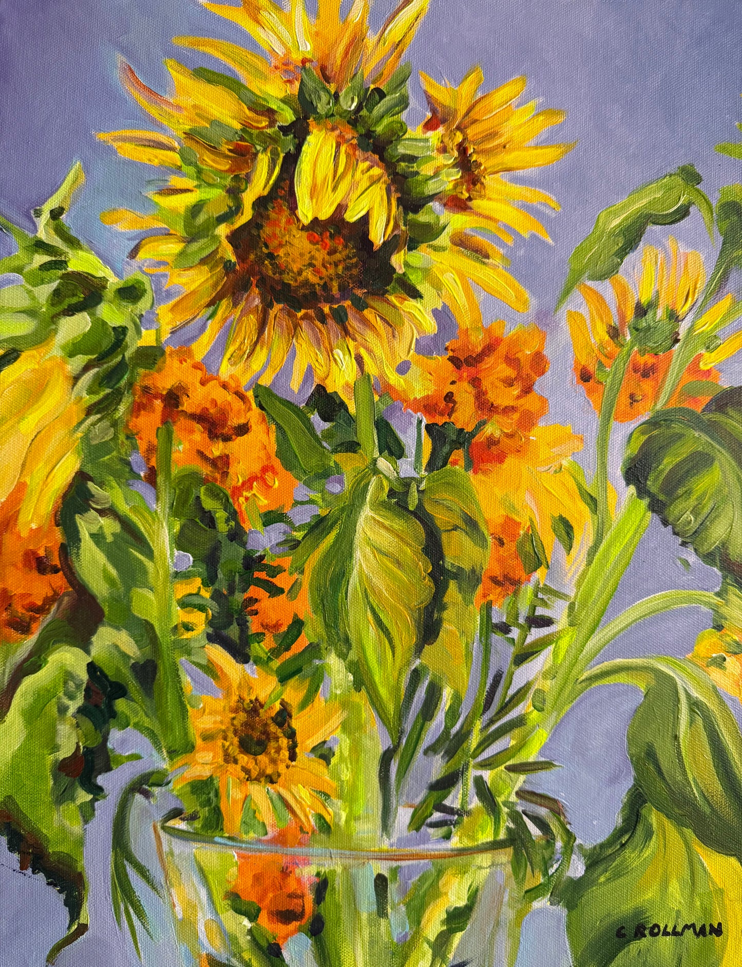 Painting of sunflowers in a vase against a purple background. By acrylic artist Charlotte Rollman.