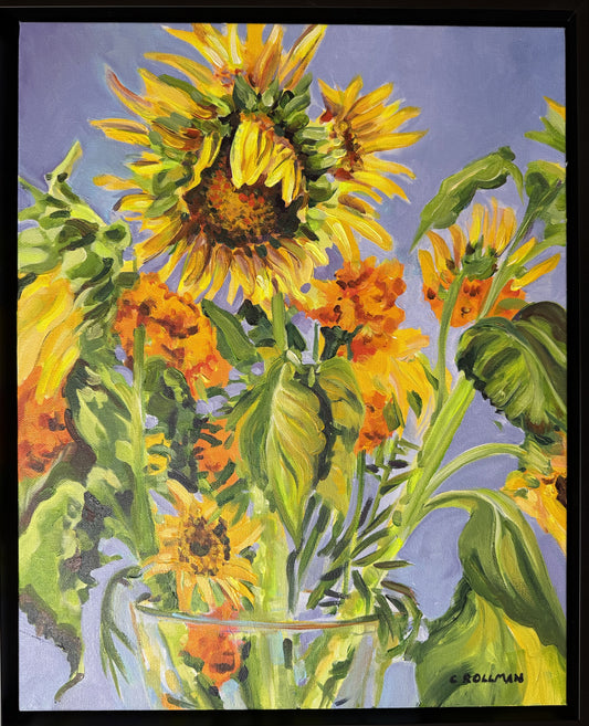Painting of sunflowers and green leaves on a purple background. By acrylic artist Charlotte Rollman.