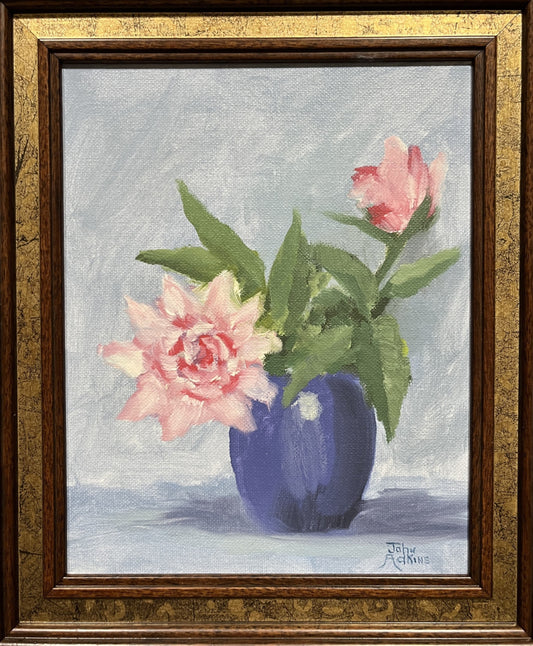 Mom's Pink Roses - Oil Painting by artist John Adkins 10x8